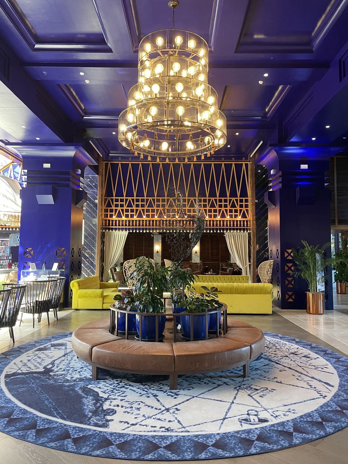 Richly appointed hotel lobby in blue and gold