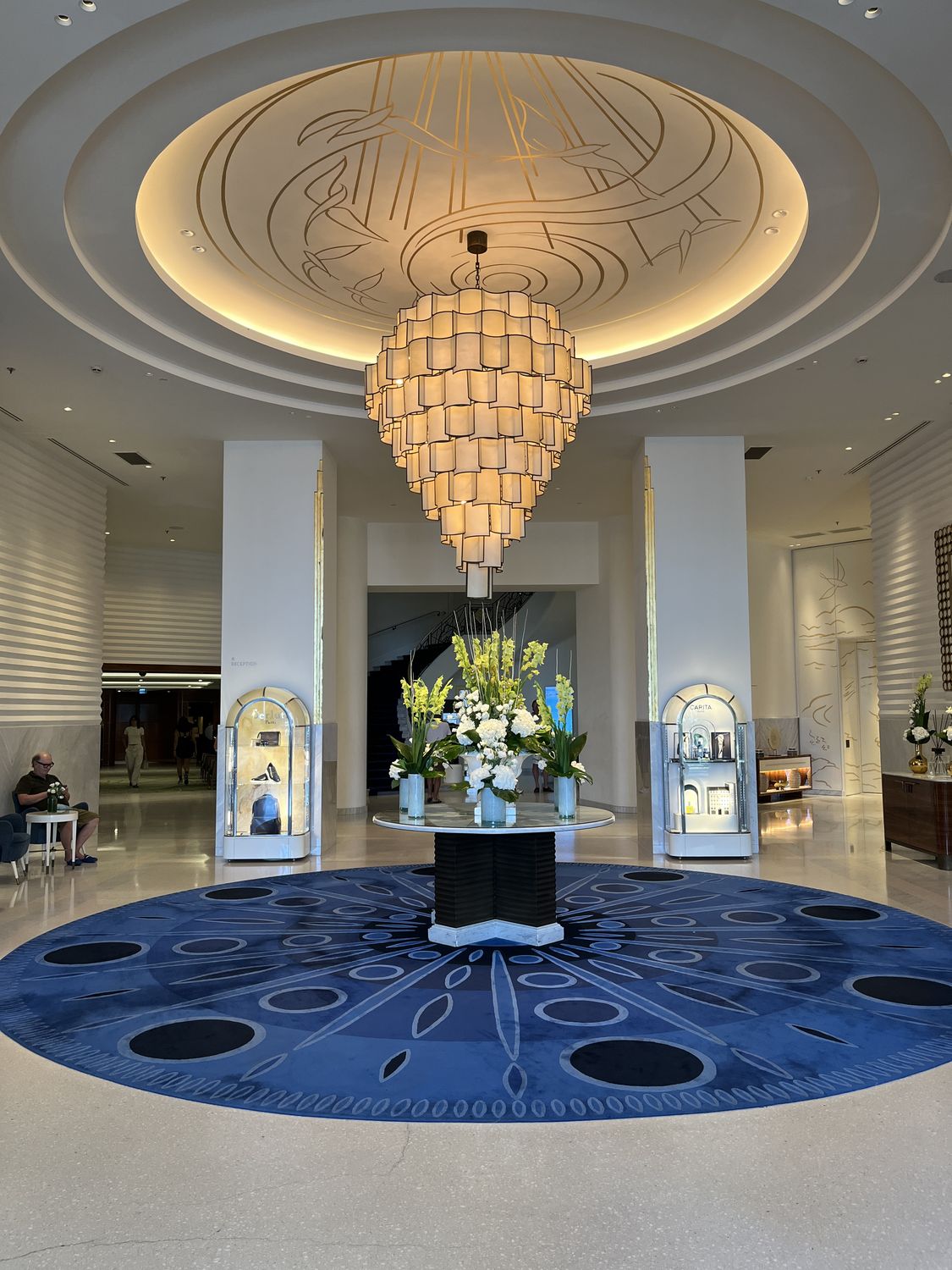 Grand hotel lobby with chandelier