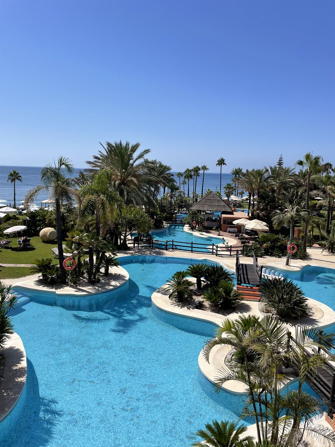 Palm-lined resort pools above the sea